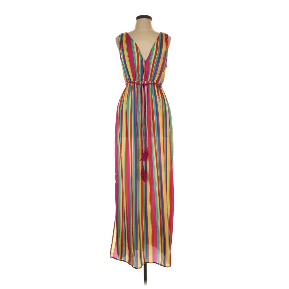 BB Dakota Maxi Dress Womens L Rainbow Excellent Striped Tassel Sleeveless V-Neck